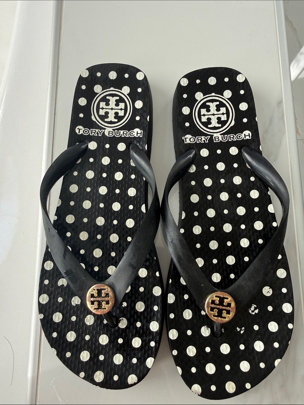 Tory Burch Black and White Polka Dot Flip Flop Sandals